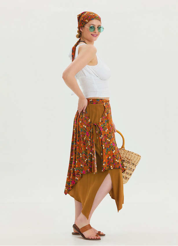 Mustard Bohemian Skirt with Elastic Waist and Tie Detail 4520